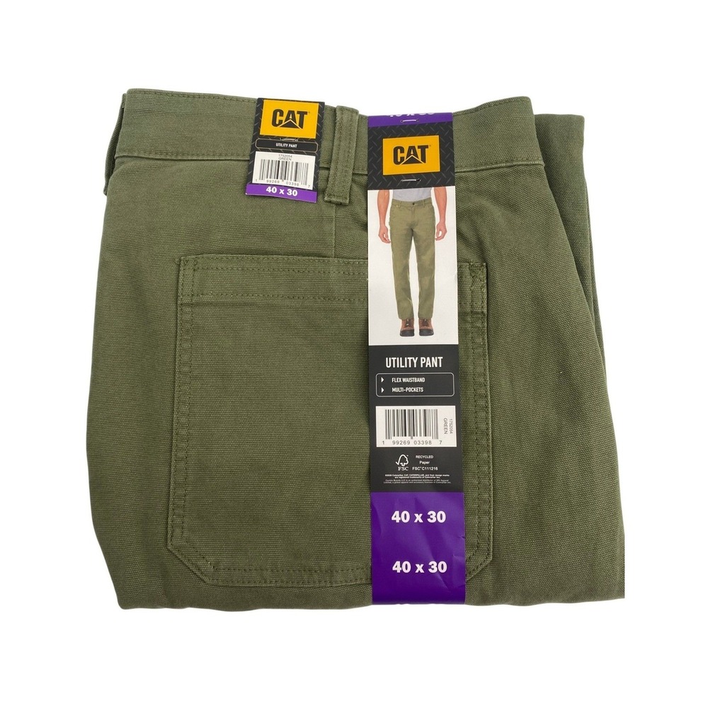 Caterpillar Utility Canvas Pants Mens 40x30 Green New Flex Waistband Workwear